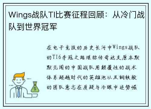 Wings战队TI比赛征程回顾：从冷门战队到世界冠军